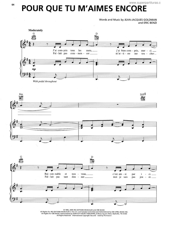 Partitura da música Pour Que Tu M`aimes Encore v.2