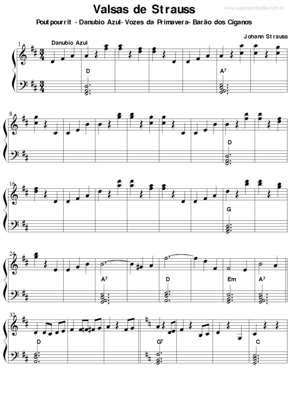 Partitura da música Poutpourrit Valsas de Strauss (Danúbio Azul - Vozes da Primavera - Barão dos Ciganos)