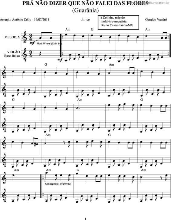 Partitura da música Pra Não Dizer Que Não Falei Das Flores v.3