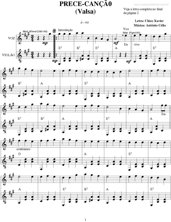 Partitura da música Prece - Canção