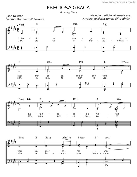 Partitura da música Preciosa Graça – John Newton