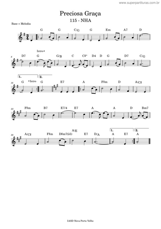 Partitura da música Preciosa Graça 115 Nha – Base + Melodia