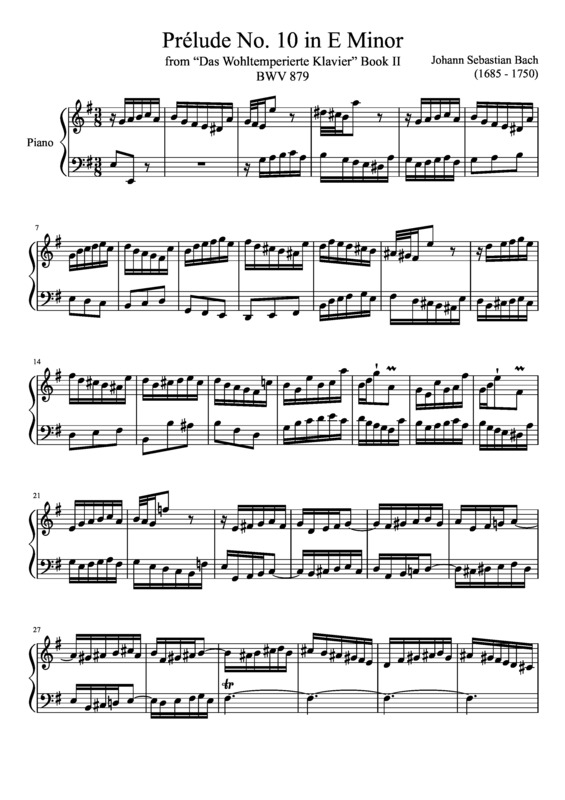 Partitura da música Prelude No. 10 BWV 879 In E Minor