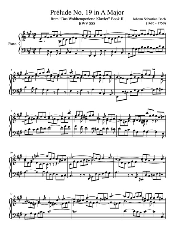 Partitura da música Prelude No. 19 BWV 888 In A Major
