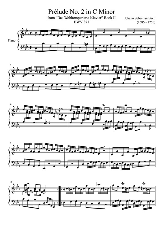 Partitura da música Prelude No. 2 BWV 871 In C Minor