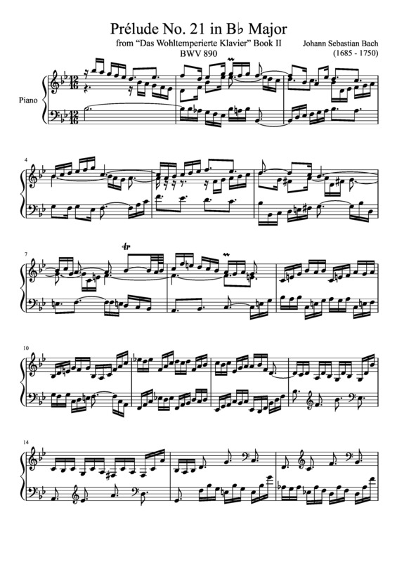 Partitura da música Prelude No. 21 BWV 890 In B Major