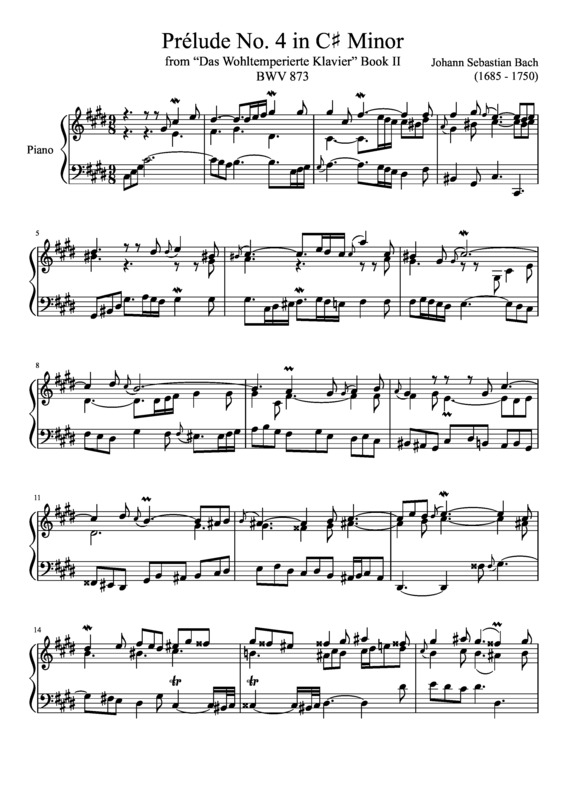 Partitura da música Prelude No. 4 BWV 873 In C Minor
