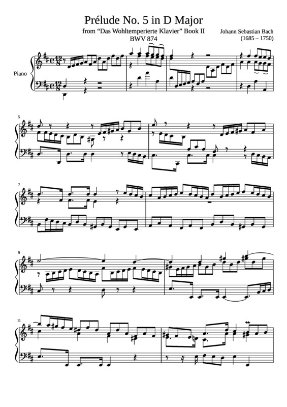 Partitura da música Prelude No. 5 BWV 874 In D Major
