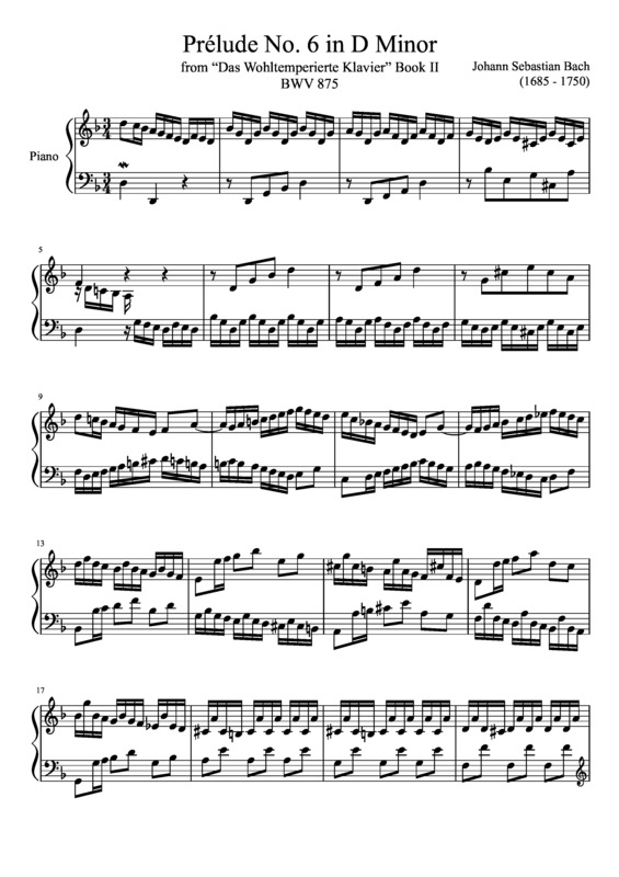 Partitura da música Prelude No. 6 BWV 875 In D Minor