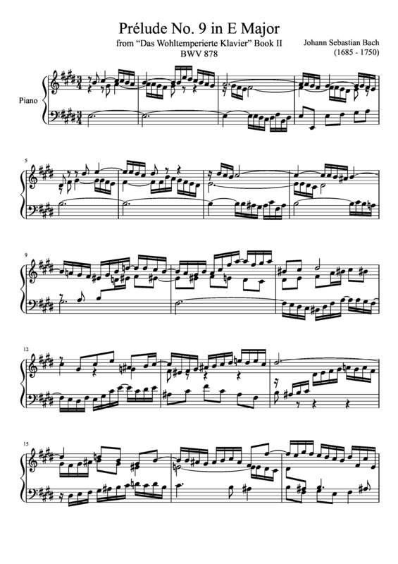 Partitura da música Prelude No. 9 BWV 878 In E Major
