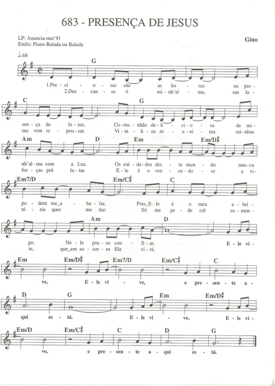 Partitura da música Presença de Jesus