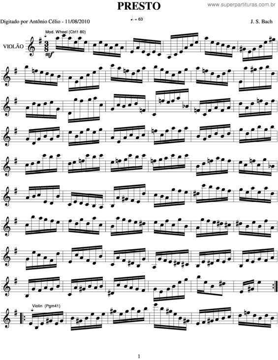 Partitura da música Presto