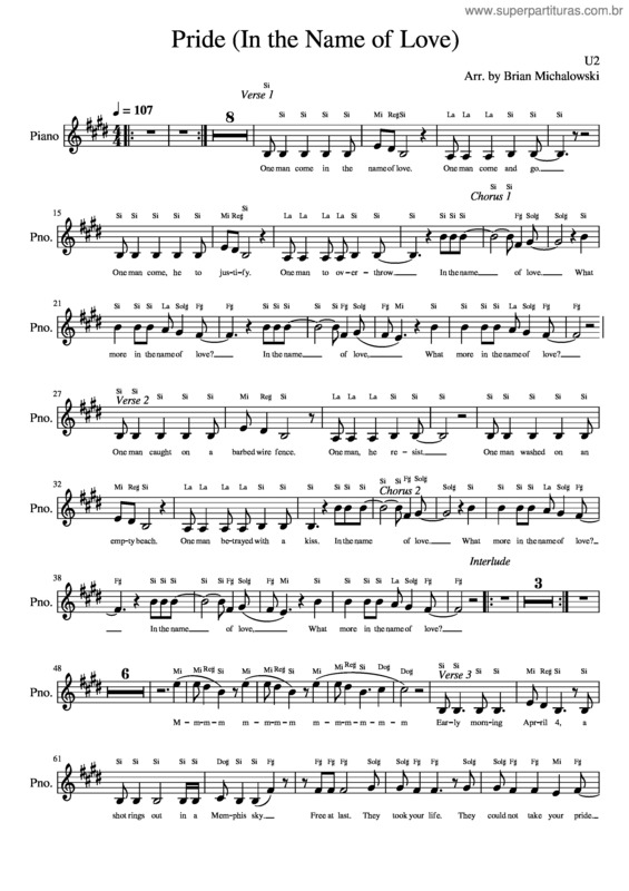 Partitura da música Pride In The Name Of Love – U2