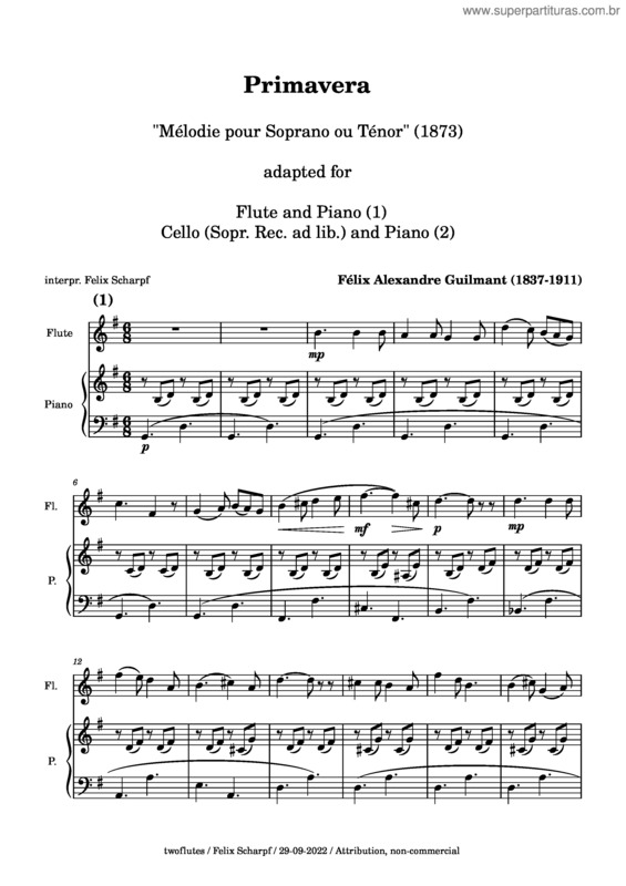 Partitura da música Primavera – Alexandre Guilmant – For Easy Flute And Piano