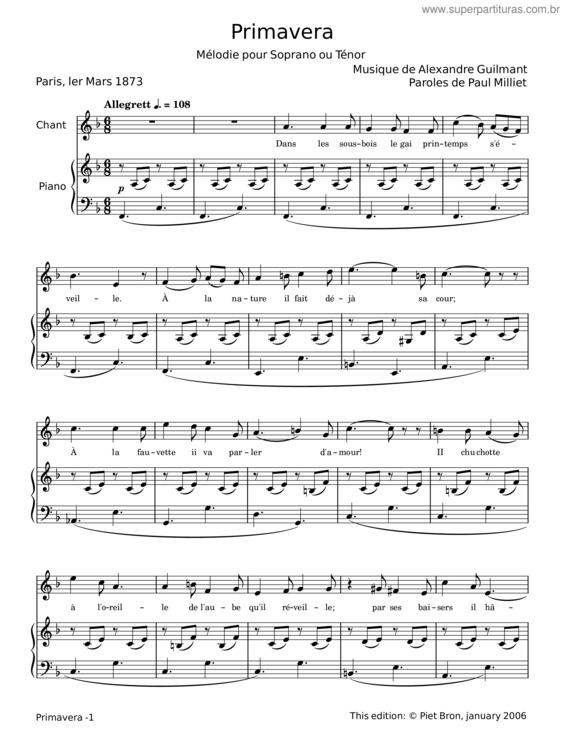 Partitura da música Primavera – Alexandre Guilmant