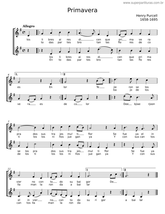 Partitura da música Primavera – Henry Purcell
