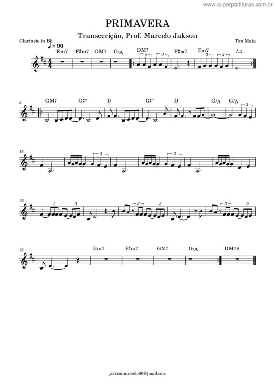 Partitura da música Primavera – Tim Maia Primavera Para Clarinete Sax Eb