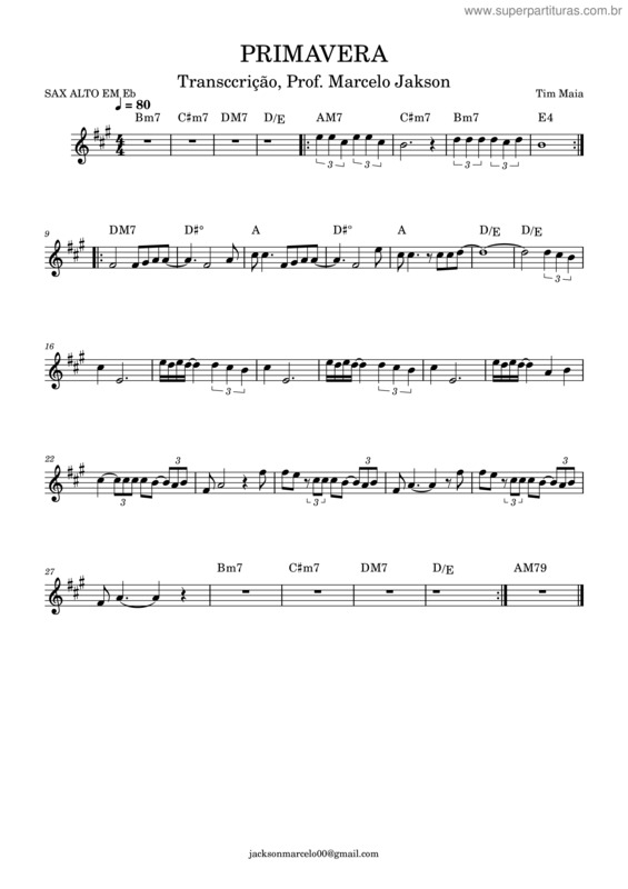Partitura da música Primavera – Tim Maia Primavera Para Sax In Eb