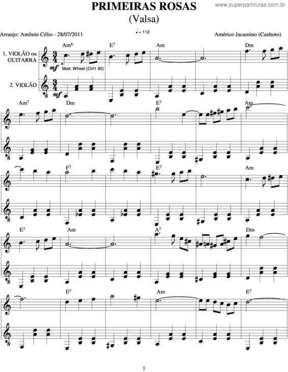 Partitura da música Primeiras Rosas