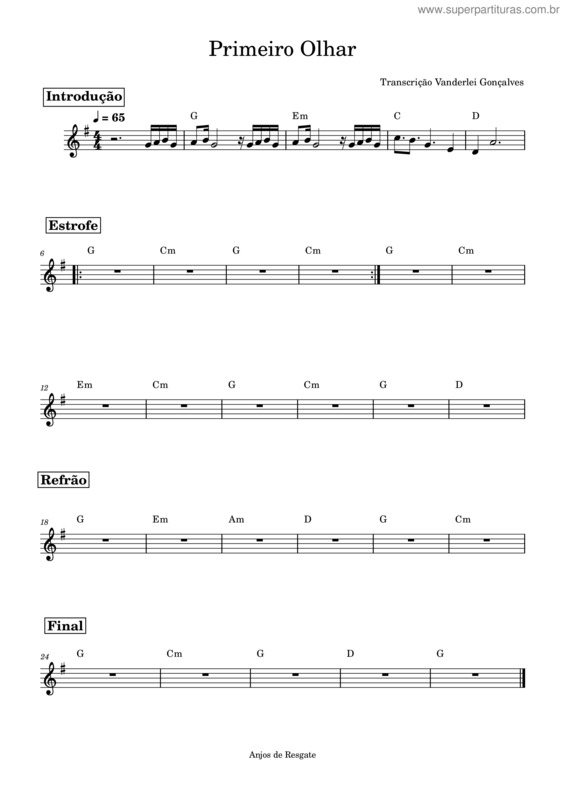 Partitura da música Primeiro Olhar – Anjos De Resgate  Primeiro Olhar