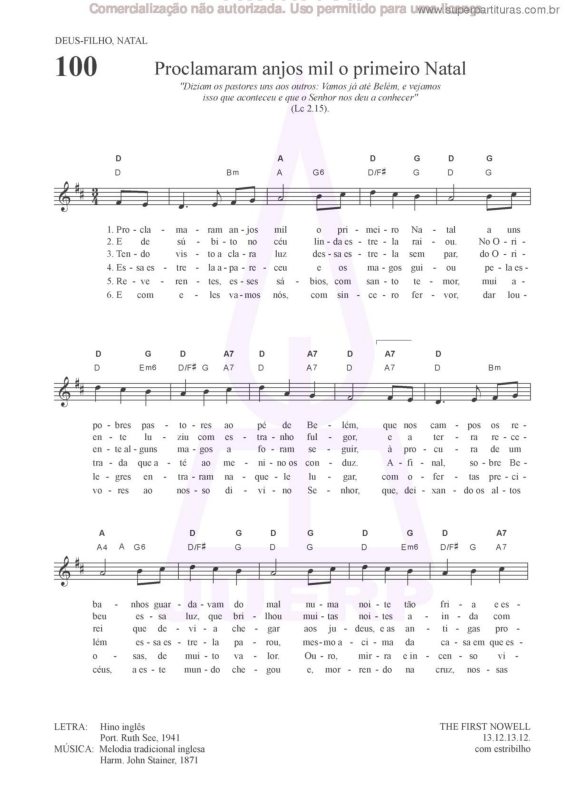 Partitura da música Proclamaram Anjos Mil O Primeiro Natal - 100 HCC
