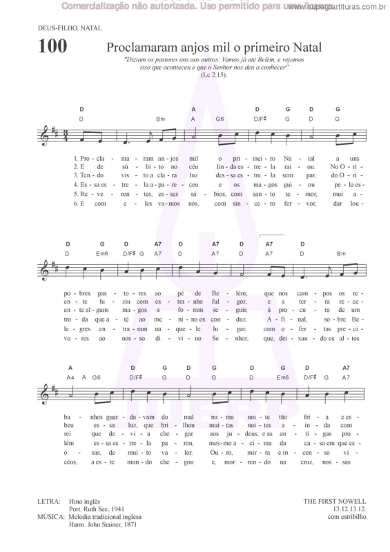 Partitura da música Proclamaram Anjos Mil O Primeiro Natal - 100 HCC