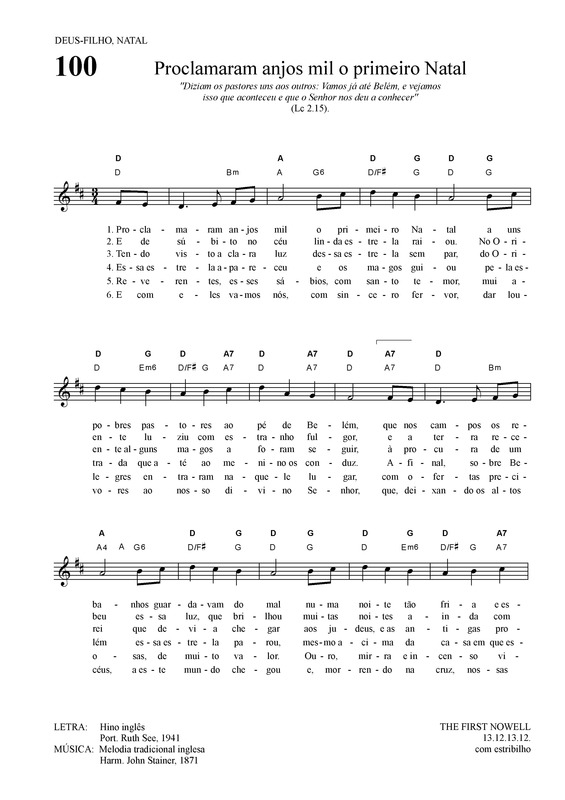 Partitura da música Proclamaram Anjos Mil O Primeiro Natal