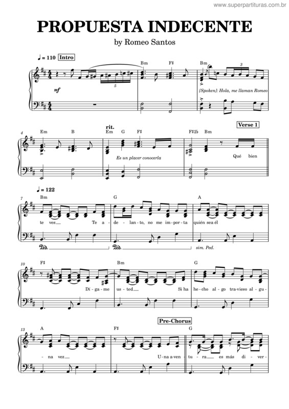 Partitura da música Propuesta Indecente – Romeo Santos