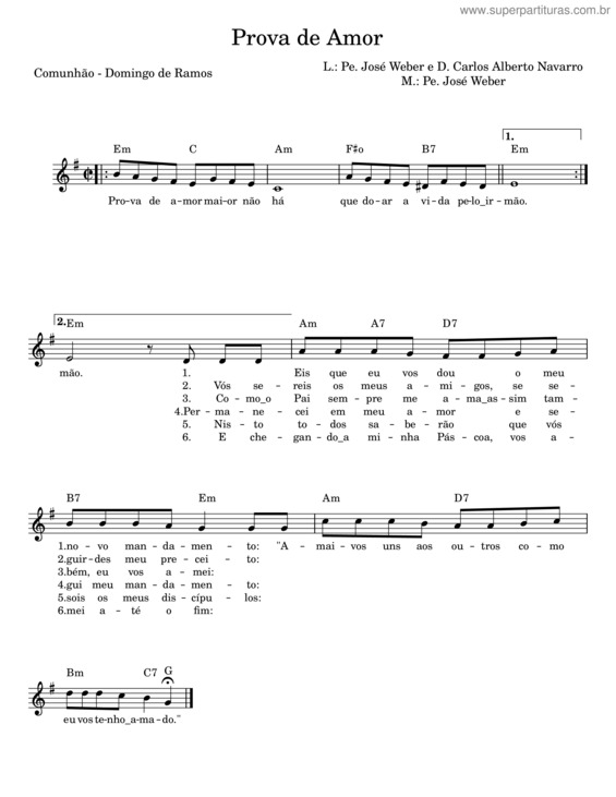 Partitura da música Prova De Amor Maior Não Há – Pe. José Weber