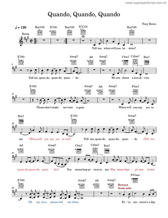 Partitura da música Quando, Quando, Quando – Tony Renis Quando, Quando, Quando – Tony Renis – A