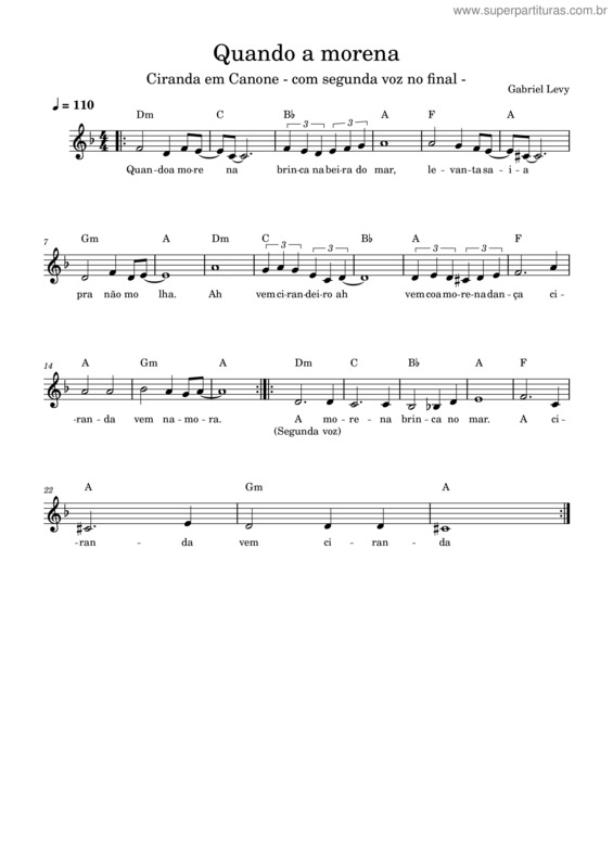Partitura da música Quando A Morena – Gabriel Levy – Com Segunda Voz No Final