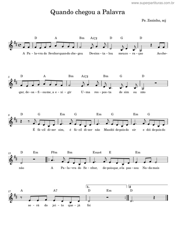 Partitura da música Quando Chegou A Palavra – Pe. Zezinho