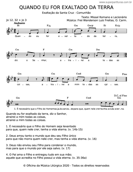 Partitura da música Quando Eu For Exaltado Da Terra – Frei Wanderson Luiz Freitas;O. Carm
