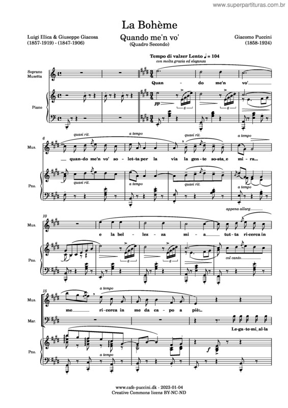 Partitura da música Quando Me`N Vo` – Giacomo Puccini
