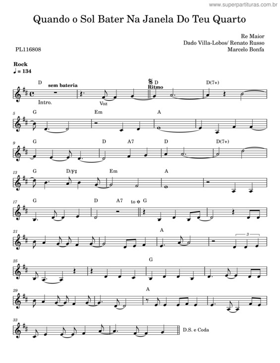 Partitura da música Quando O Sol Bater Na Janela Do Teu Quarto v.2