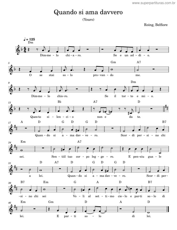 Partitura da música Quando Si Ama Davvero – Roing
