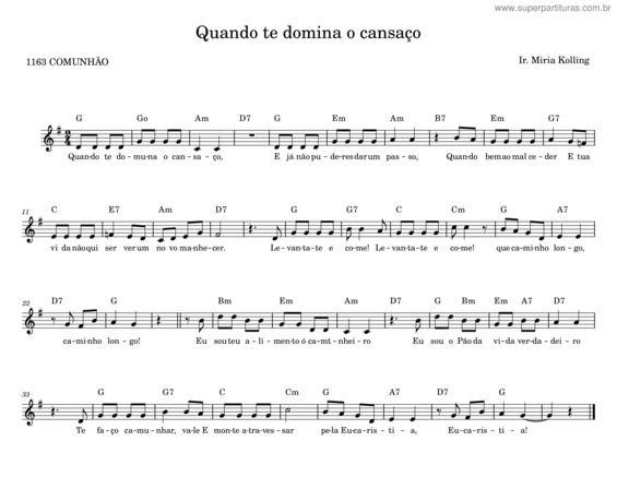 Partitura da música Quando Te Domina O Cansaço – Ir. Míria Kolling