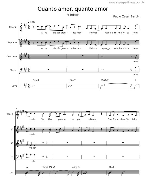 Partitura da música Quanto Amor, Quanto Amor – Paulo Cesar Baruk
