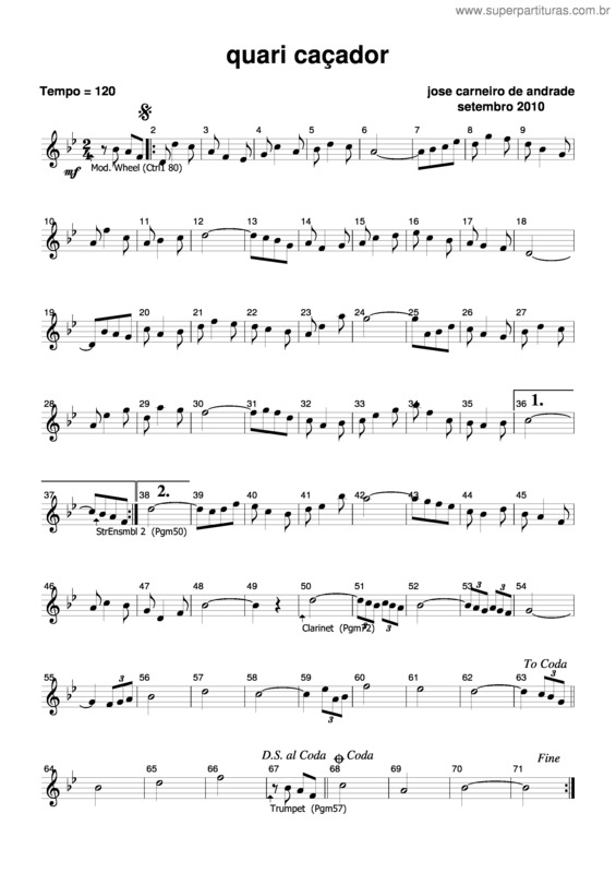 Partitura da música Quari Caçador