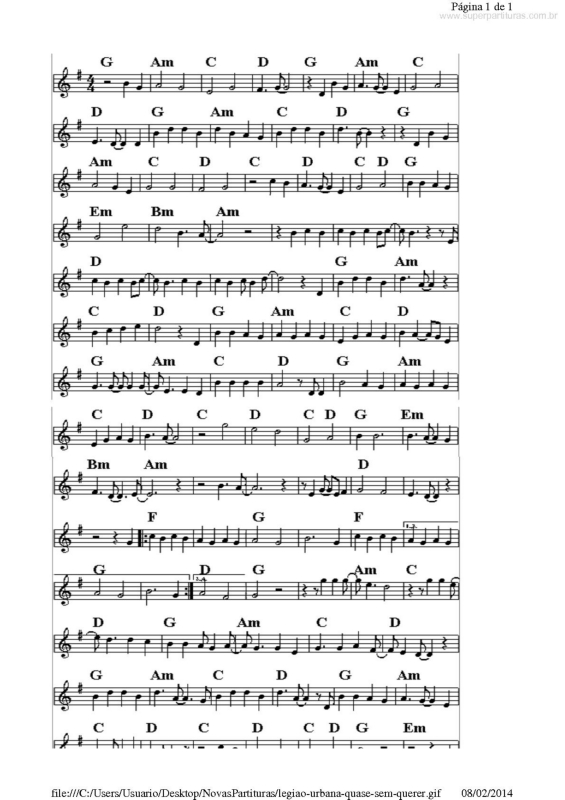 Partitura da música Quase Sem Querer