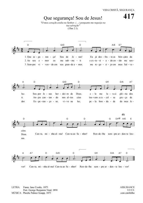 Partitura da música Que Segurança Sou De Jesus