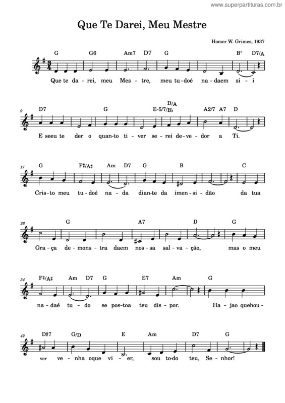 Partitura da música Que Te Darei Meu Mestre? – Homer W. Grimes  Que Te Darei, Meu Mestre