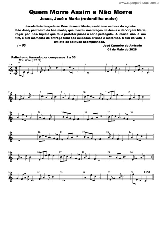Partitura da música Quem Morre Assim E Não Morre