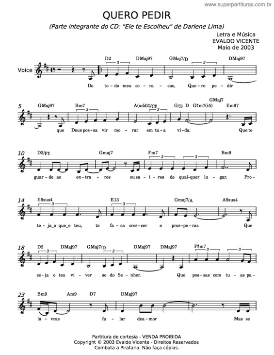 Partitura da música Quero Pedir – Darlene Lima