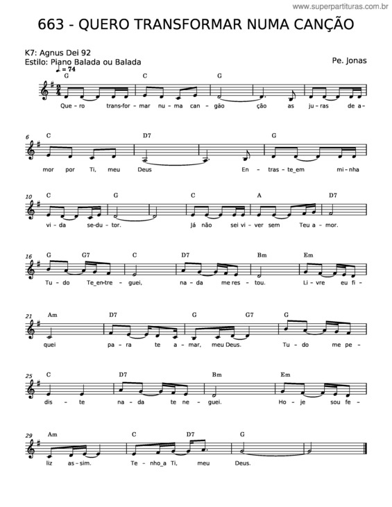 Partitura da música Quero Transformar Numa Canção – Pe. Jonas