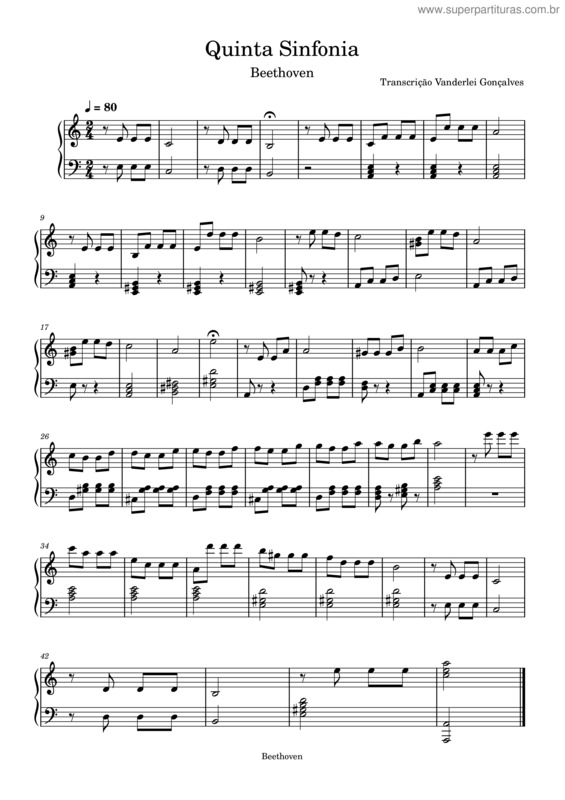 Partitura da música Quinta Sinfonia  – Ludwig Van Beethoven Quinta Sinfonia Beethoven