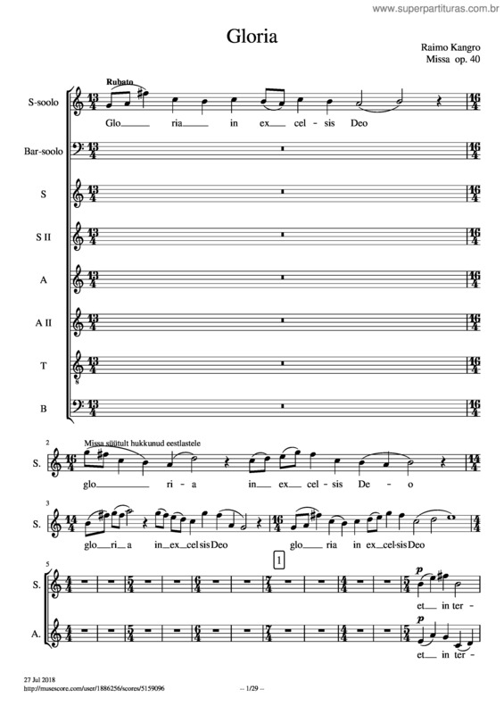 Partitura da música Raimo Kangro Missa Op. 40 – Gloria