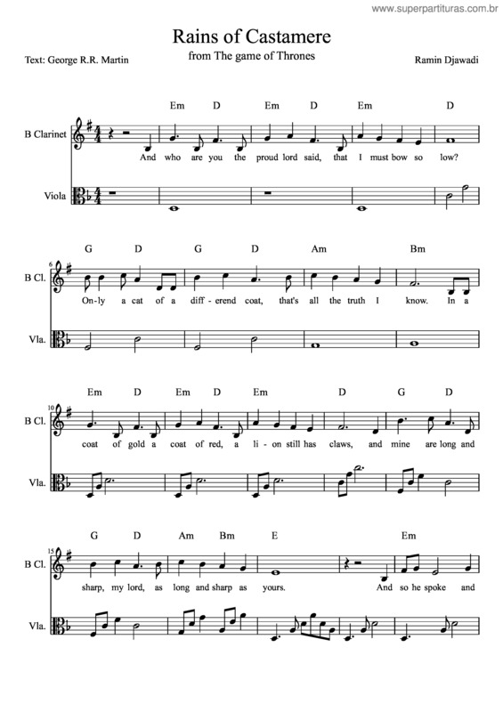 Partitura da música Rain Of Castamere Clarinette + Viola