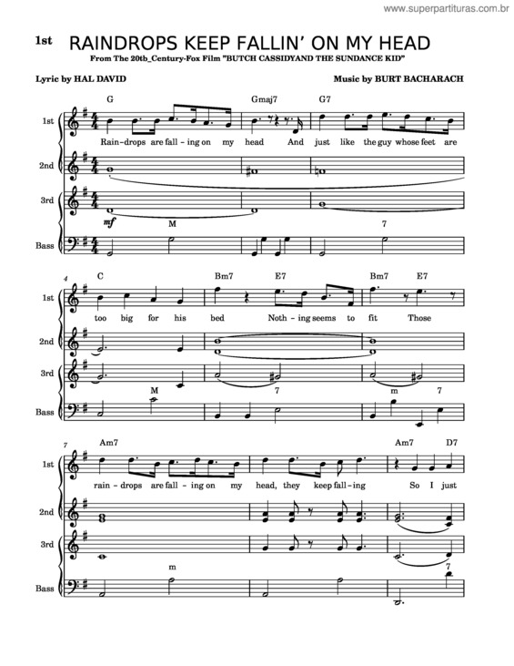 Partitura da música Raindrops Keep Fallin` On My Head – Bacharach And David