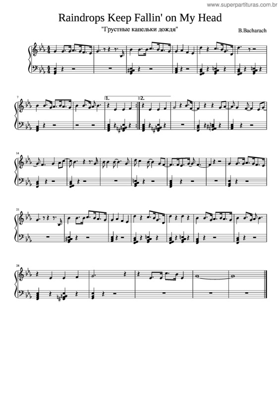 Partitura da música Raindrops Keep Fallin On My Head – Burt Bacharach Raindrops Keep Fallin` On My Head